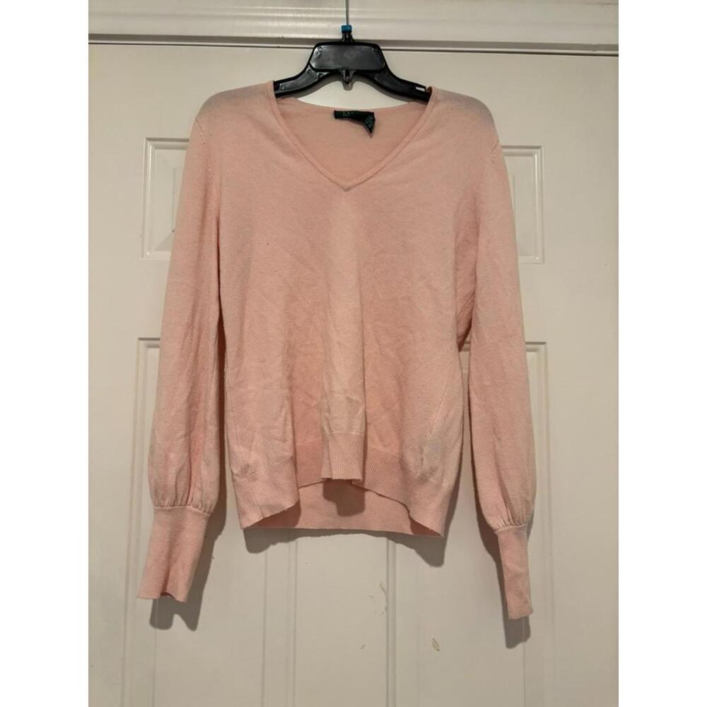 Women's Ralph Lauren sz L pink sweater SMALL‎ HOLE INSIDE ARM #1247